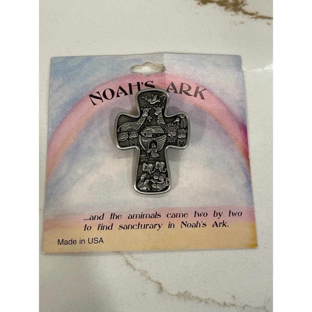Vintage L. Razza Noah's Ark SilverTone Brooch Pin Emboss Cross 1.75" x 1.25" New